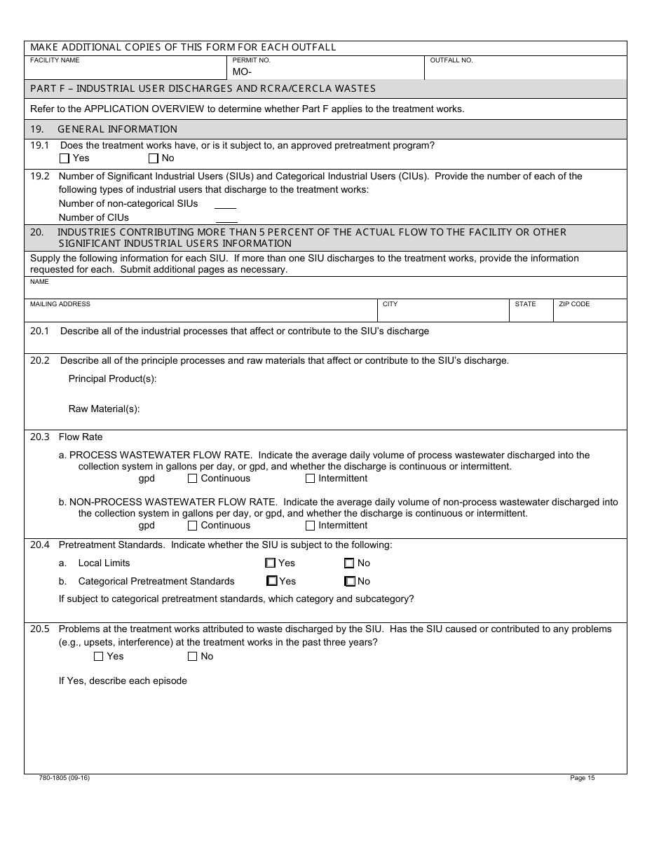 Form B2 (MO780-1805) Application for Operating Permit for Facilities That Receive Primarily Domestic Waste and Have a Design Flow More Than 100,000 Gallons Per Day - Water Protection Program - Missouri, Page 15
