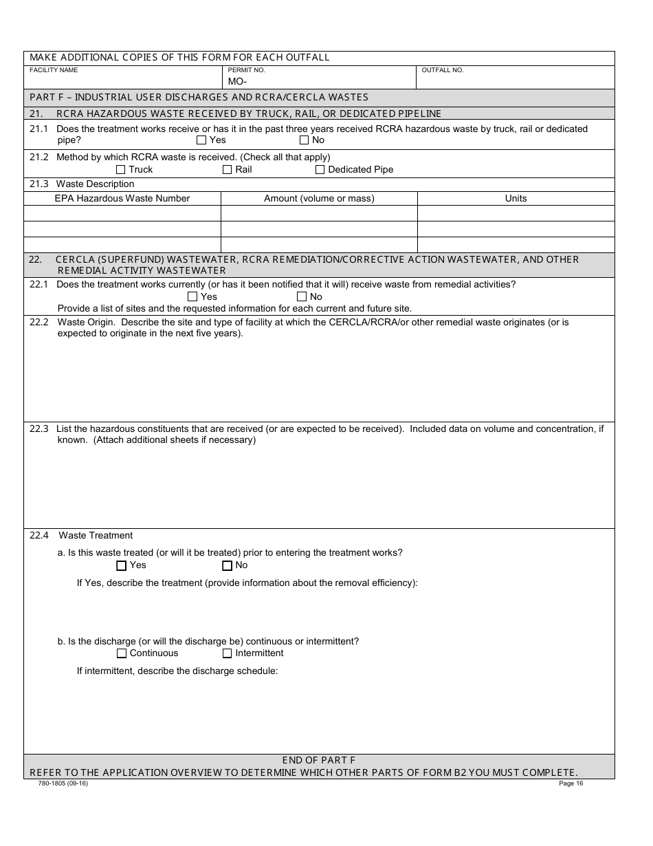 Form B2 (MO780-1805) Application for Operating Permit for Facilities That Receive Primarily Domestic Waste and Have a Design Flow More Than 100,000 Gallons Per Day - Water Protection Program - Missouri, Page 16