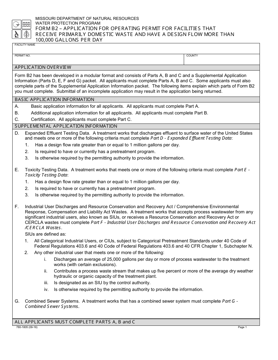 Form B2 (MO780-1805) Application for Operating Permit for Facilities That Receive Primarily Domestic Waste and Have a Design Flow More Than 100,000 Gallons Per Day - Water Protection Program - Missouri, Page 1