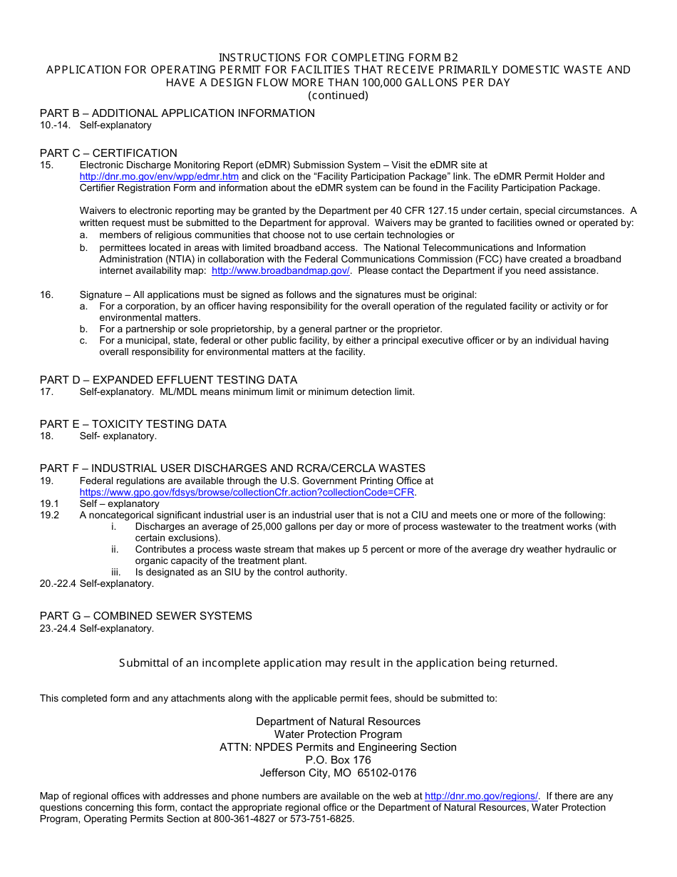Form B2 (MO780-1805) Application for Operating Permit for Facilities That Receive Primarily Domestic Waste and Have a Design Flow More Than 100,000 Gallons Per Day - Water Protection Program - Missouri, Page 20