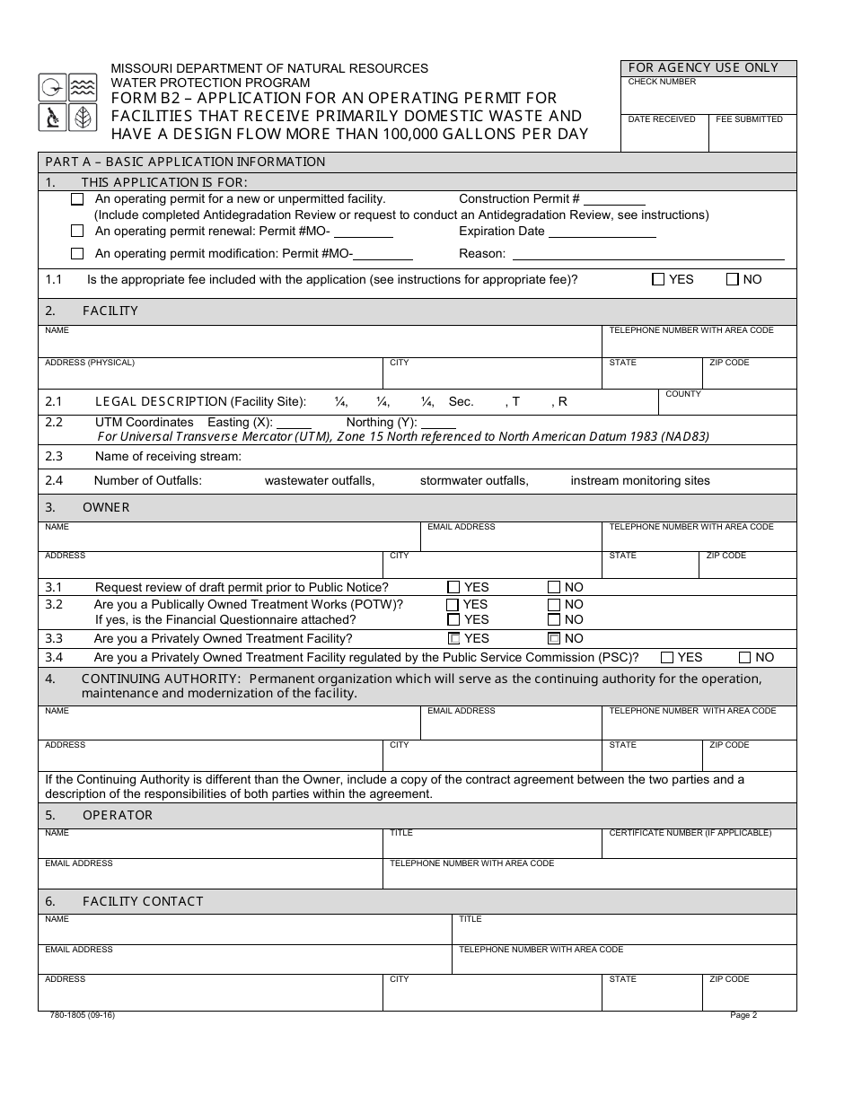 Form B2 (MO780-1805) Application for Operating Permit for Facilities That Receive Primarily Domestic Waste and Have a Design Flow More Than 100,000 Gallons Per Day - Water Protection Program - Missouri, Page 2