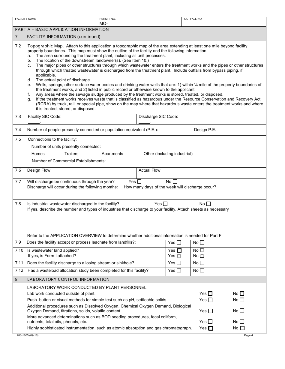 Form B2 (MO780-1805) Application for Operating Permit for Facilities That Receive Primarily Domestic Waste and Have a Design Flow More Than 100,000 Gallons Per Day - Water Protection Program - Missouri, Page 4