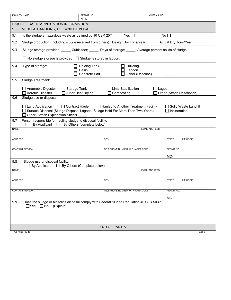 Form B2 (MO780-1805) Application for Operating Permit for Facilities That Receive Primarily Domestic Waste and Have a Design Flow More Than 100,000 Gallons Per Day - Water Protection Program - Missouri, Page 5