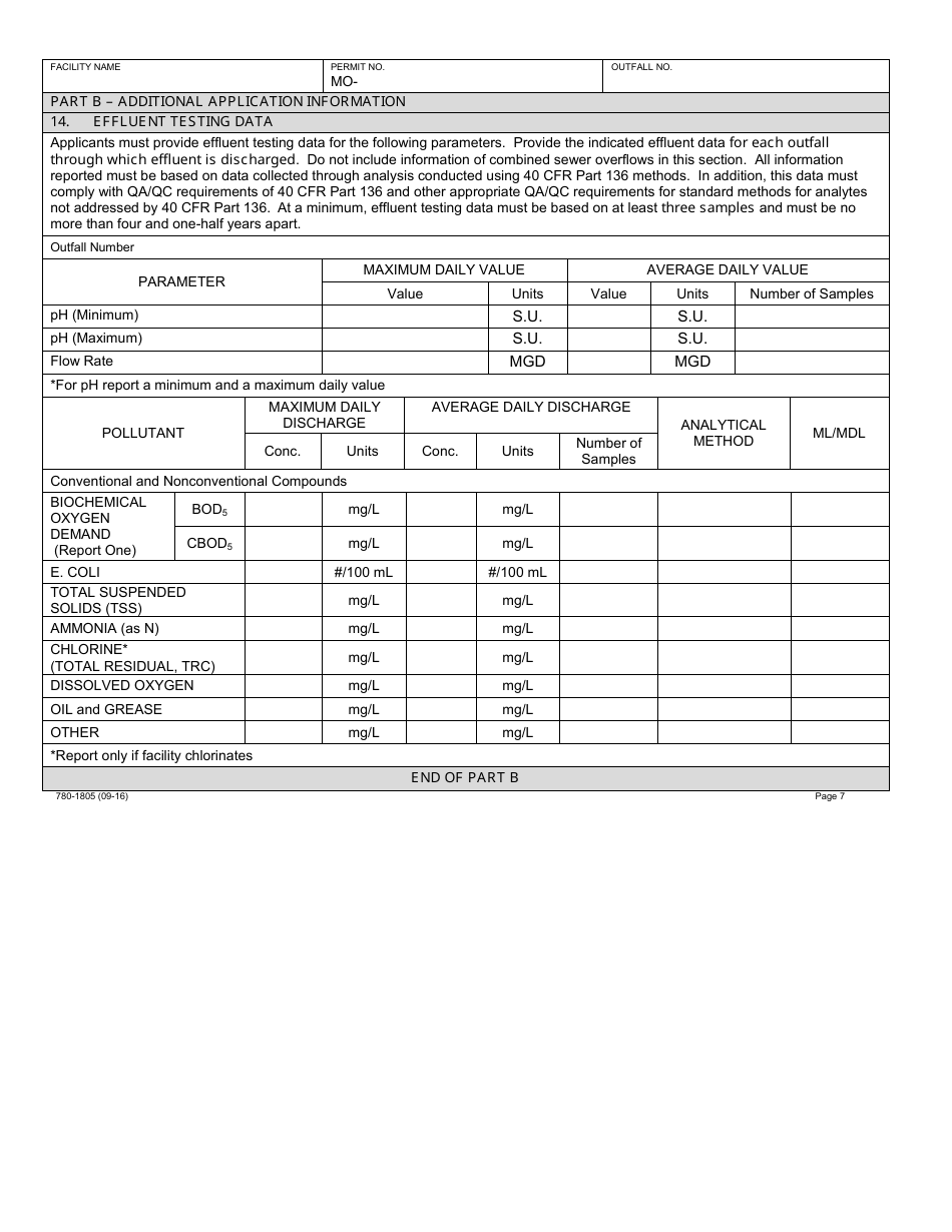 Form B2 (MO780-1805) Application for Operating Permit for Facilities That Receive Primarily Domestic Waste and Have a Design Flow More Than 100,000 Gallons Per Day - Water Protection Program - Missouri, Page 7