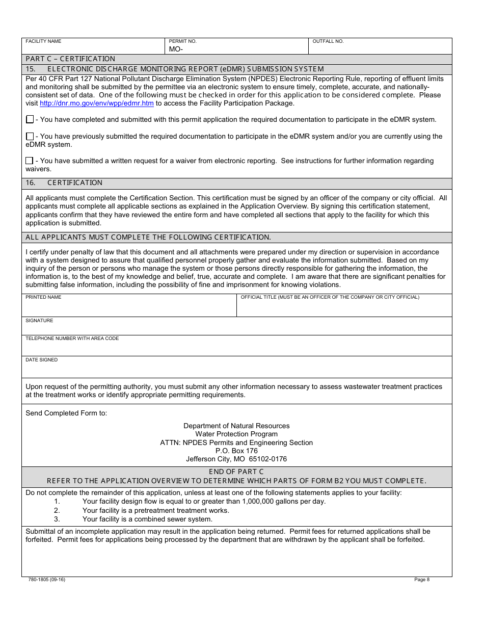 Form B2 (MO780-1805) Application for Operating Permit for Facilities That Receive Primarily Domestic Waste and Have a Design Flow More Than 100,000 Gallons Per Day - Water Protection Program - Missouri, Page 8
