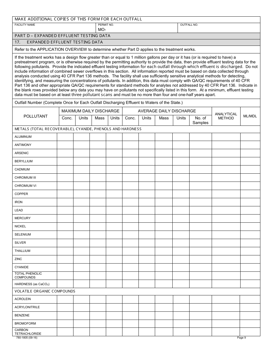 Form B2 (MO780-1805) Application for Operating Permit for Facilities That Receive Primarily Domestic Waste and Have a Design Flow More Than 100,000 Gallons Per Day - Water Protection Program - Missouri, Page 9