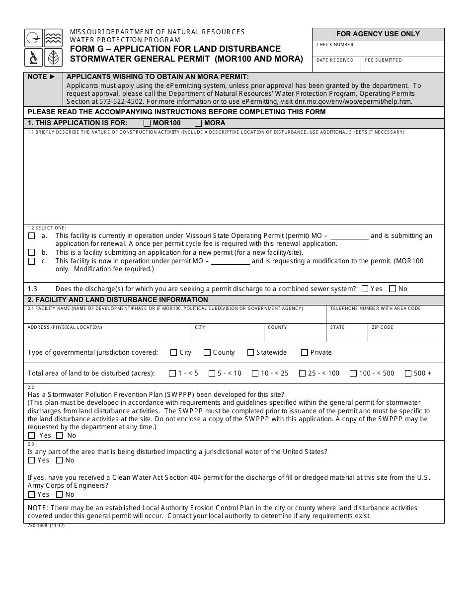 Form MO780-1408 (G) Application for Land Disturbance Stormwater General Permit (Mor100 and Mora) - Water Protection Program - Missouri, Page 1
