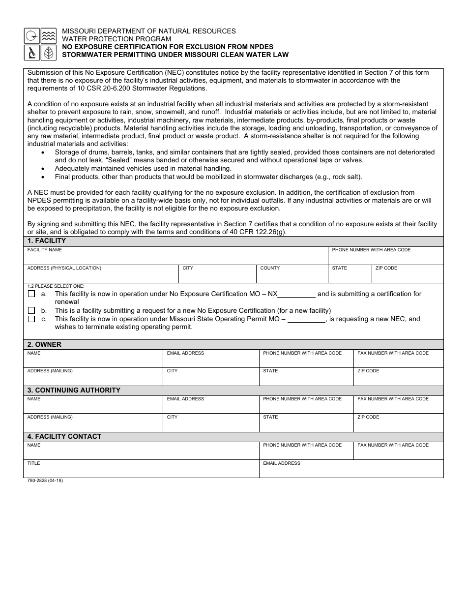 Form MO780-2828 No Exposure Certification for Exclusion From Npdes Stormwater Permitting Under Missouri Clean Water Law - Water Protection Program - Missouri, Page 1