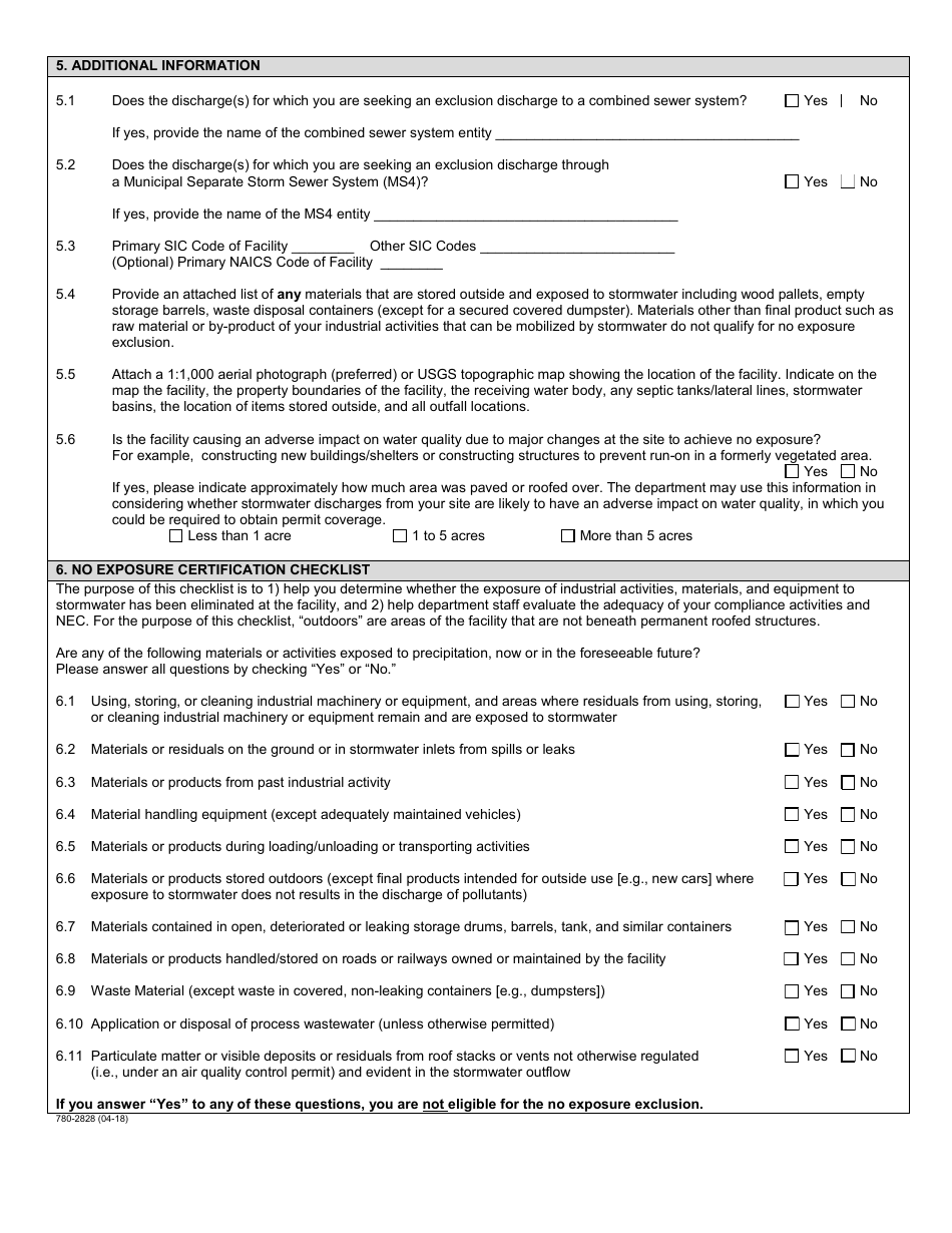 Form MO780-2828 No Exposure Certification for Exclusion From Npdes Stormwater Permitting Under Missouri Clean Water Law - Water Protection Program - Missouri, Page 2