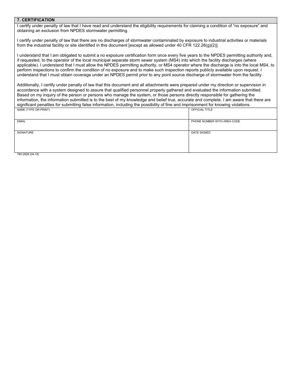 Form MO780-2828 No Exposure Certification for Exclusion From Npdes Stormwater Permitting Under Missouri Clean Water Law - Water Protection Program - Missouri, Page 3