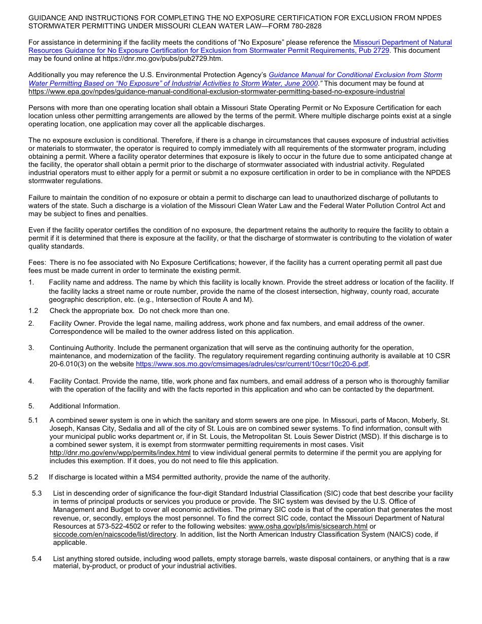 Form MO780-2828 No Exposure Certification for Exclusion From Npdes Stormwater Permitting Under Missouri Clean Water Law - Water Protection Program - Missouri, Page 4