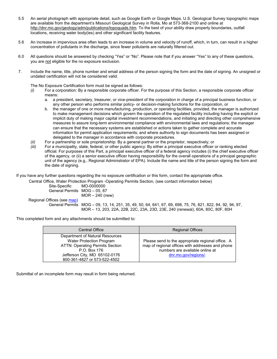Form MO780-2828 No Exposure Certification for Exclusion From Npdes Stormwater Permitting Under Missouri Clean Water Law - Water Protection Program - Missouri, Page 5