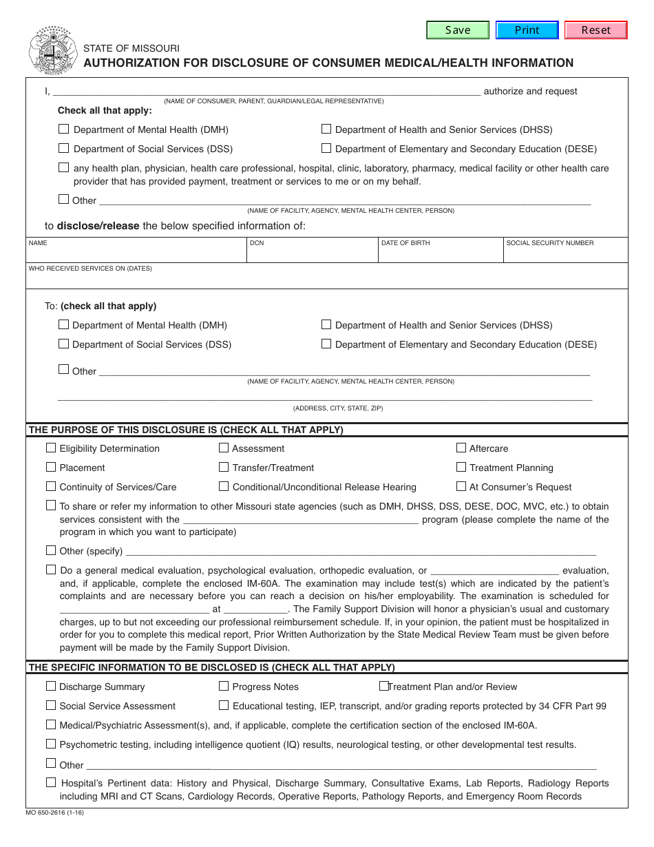 Form MO650-2616 Authorization for Disclosure of Consumer Medical / Health Information - Missouri, Page 1
