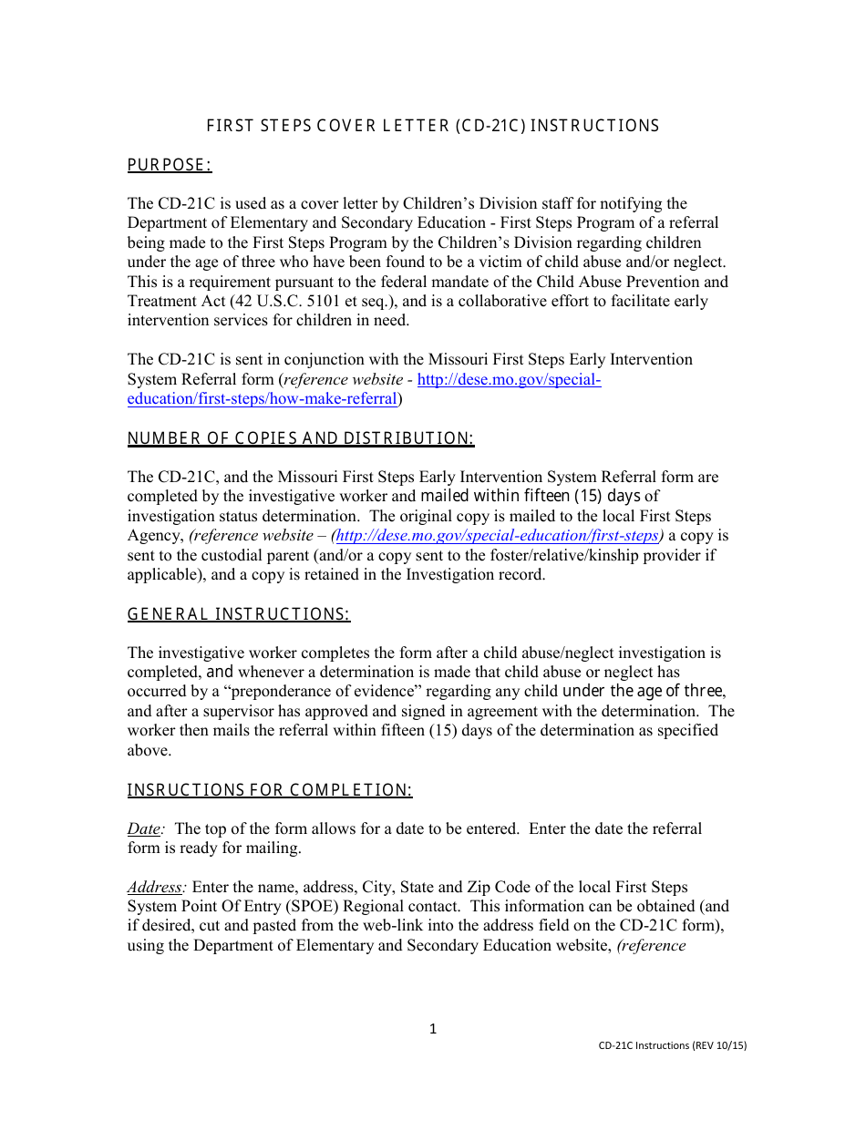 Instructions for Form CD-21C First Steps Cover Letter - Missouri, Page 1