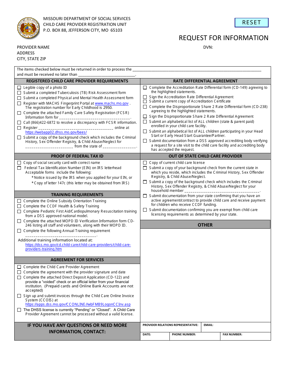 Form CD-148 Request for Information - Missouri, Page 1