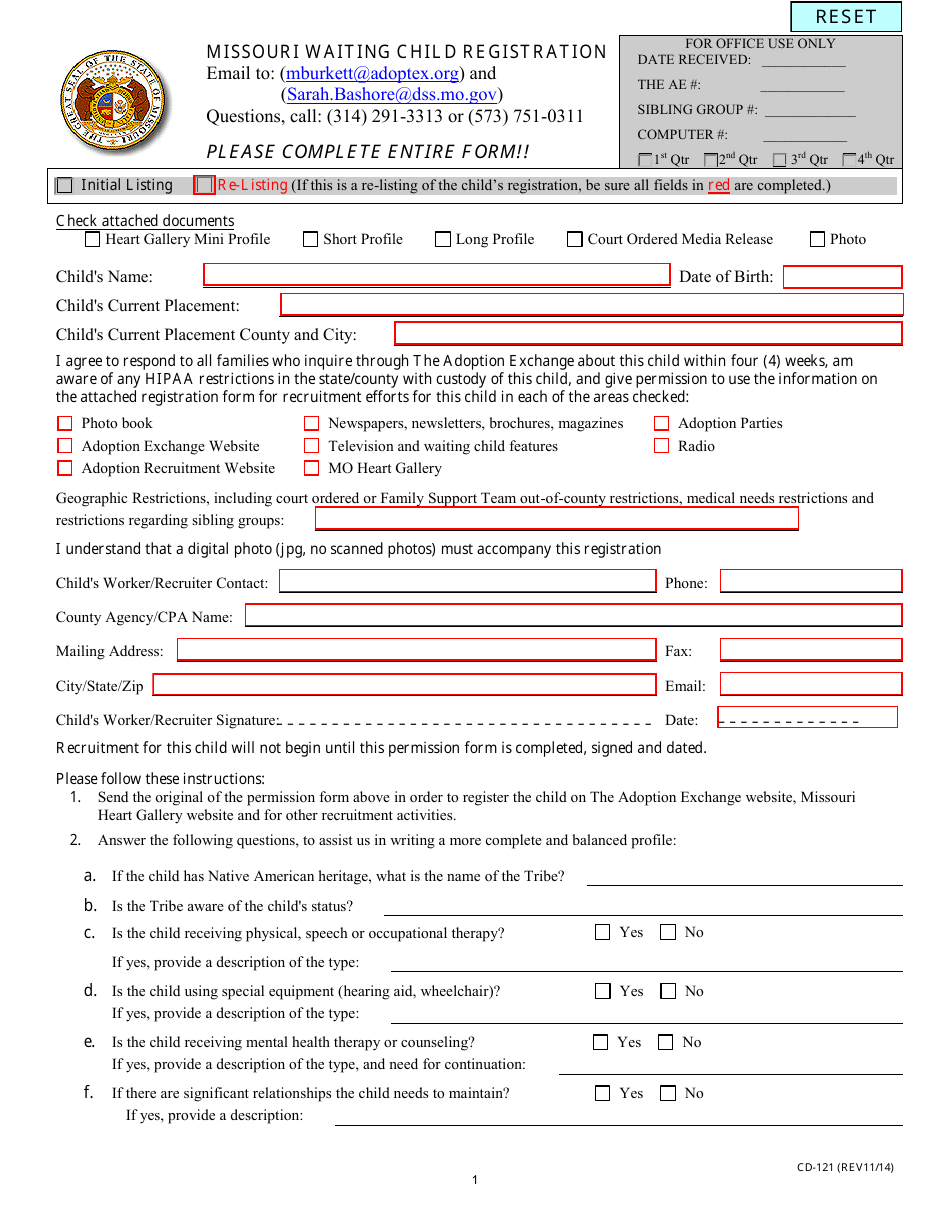 Form CD-121 Missouri Waiting Child Registration - Missouri, Page 1