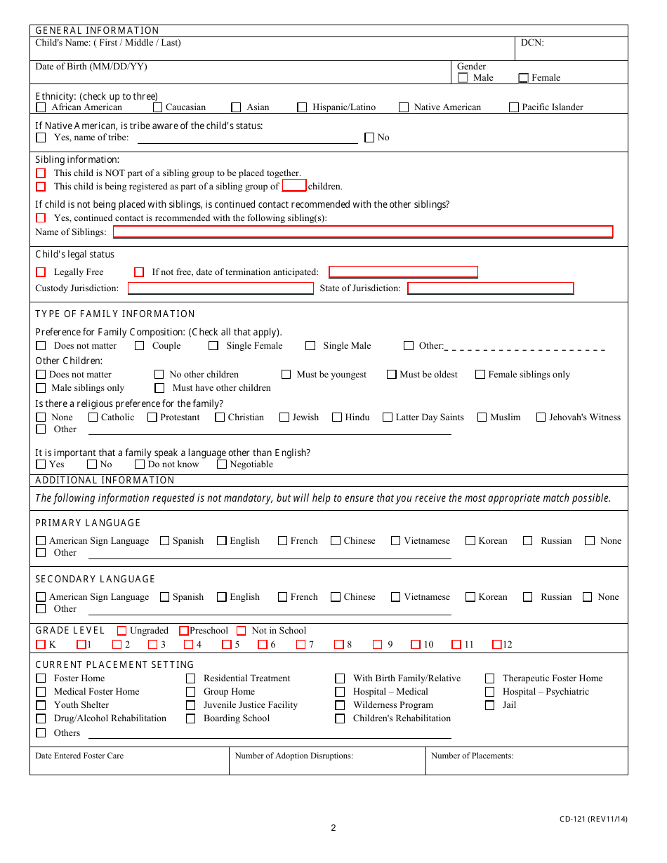 Form CD-121 Missouri Waiting Child Registration - Missouri, Page 2