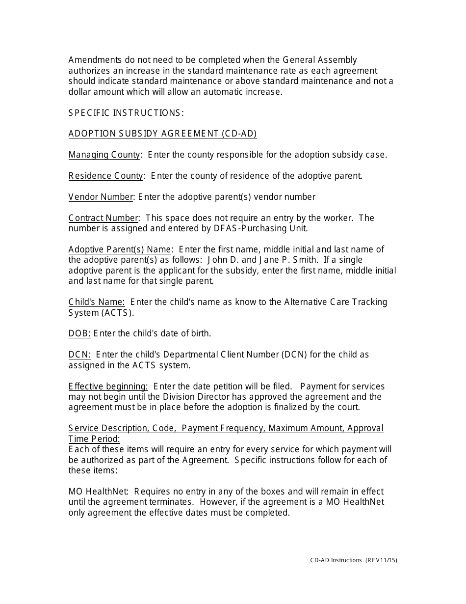 Instructions for Form CD-AD Adoption Subsidy Agreement - Missouri, Page 3