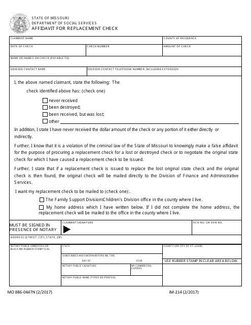 Form MO886-0447N (IM-214) Affidavit for Replacement Check - Missouri