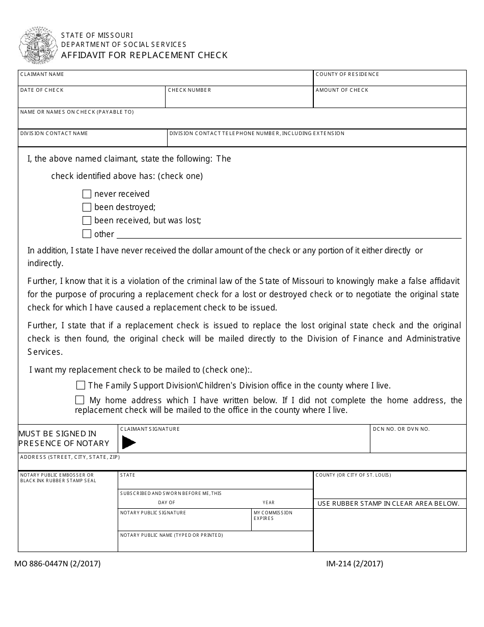 Form MO886-0447N (IM-214) Affidavit for Replacement Check - Missouri, Page 1