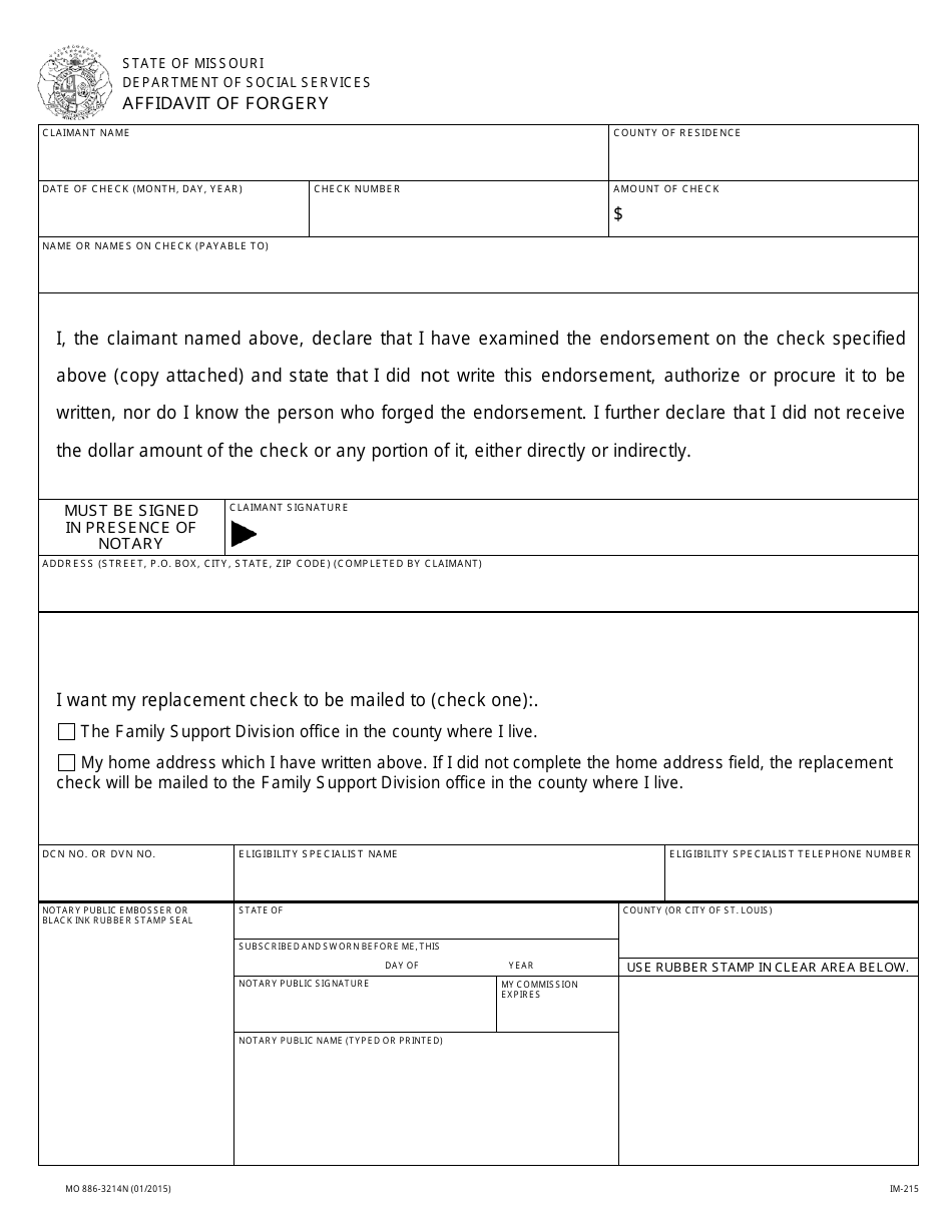 Form MO886-3214N (IM-215) Affidavit of Forgery - Missouri, Page 1