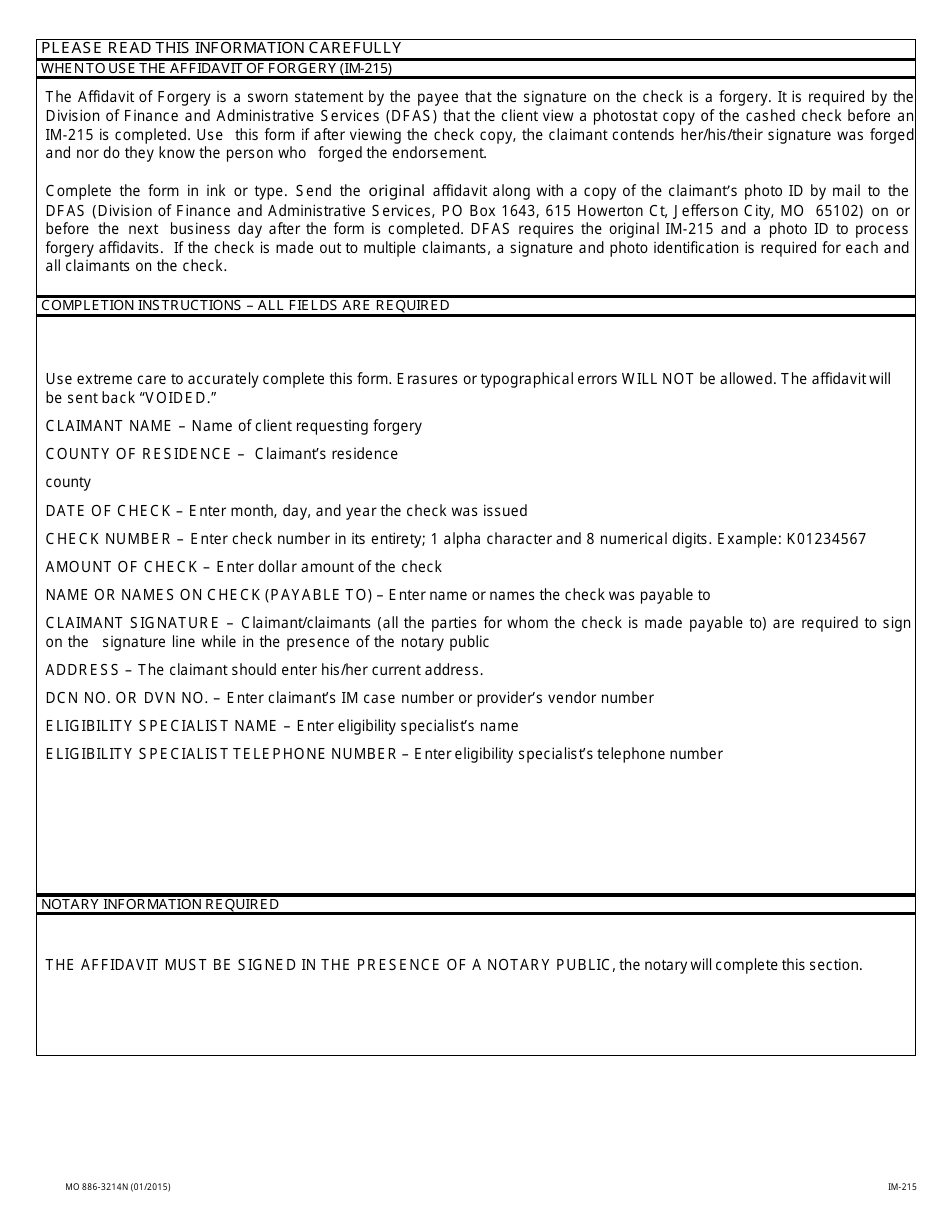 Form MO886-3214N (IM-215) Affidavit of Forgery - Missouri, Page 2