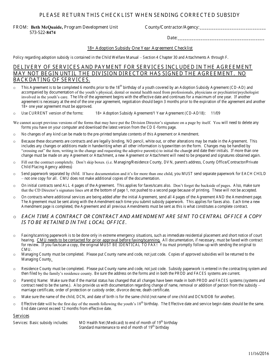 Adoption Subsidy 18+ One Year Agreement Checklist Form - Missouri, Page 1