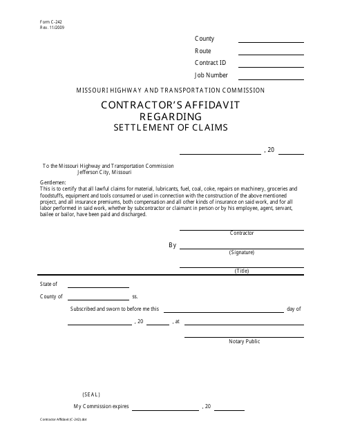 Form C-242 Contractor's Affidavit Regarding Settlement of Claims - Missouri
