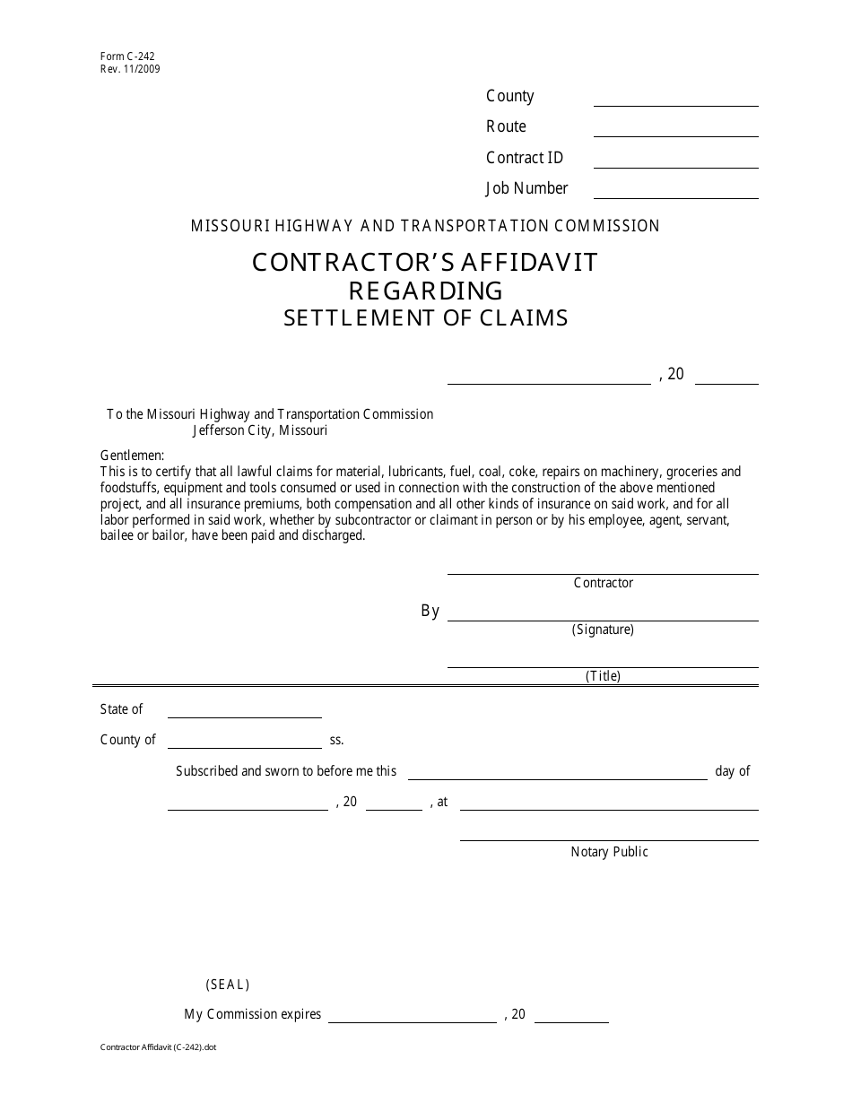 Form C-242 Contractors Affidavit Regarding Settlement of Claims - Missouri, Page 1