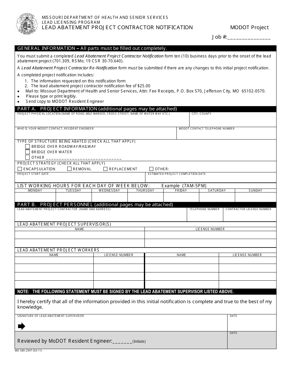 Form MO580-2997 Lead Abatement Project Contractor Notification - Modot Project - Missouri, Page 1