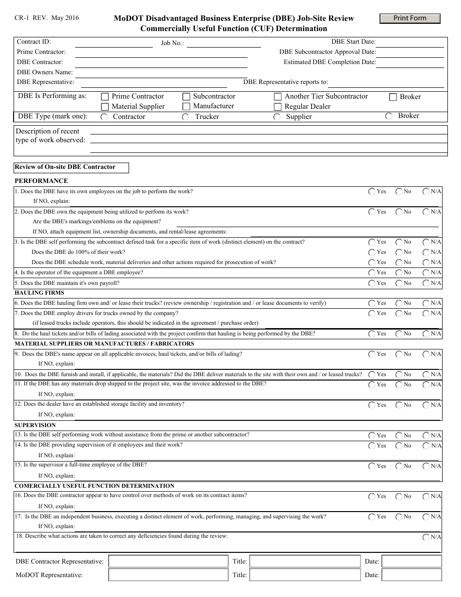 Form CR-1 Modot Disadvantaged Business Enterprise (Dbe) Job-Site Review Commercially Useful Function (Cuf) Determination - Missouri, Page 1