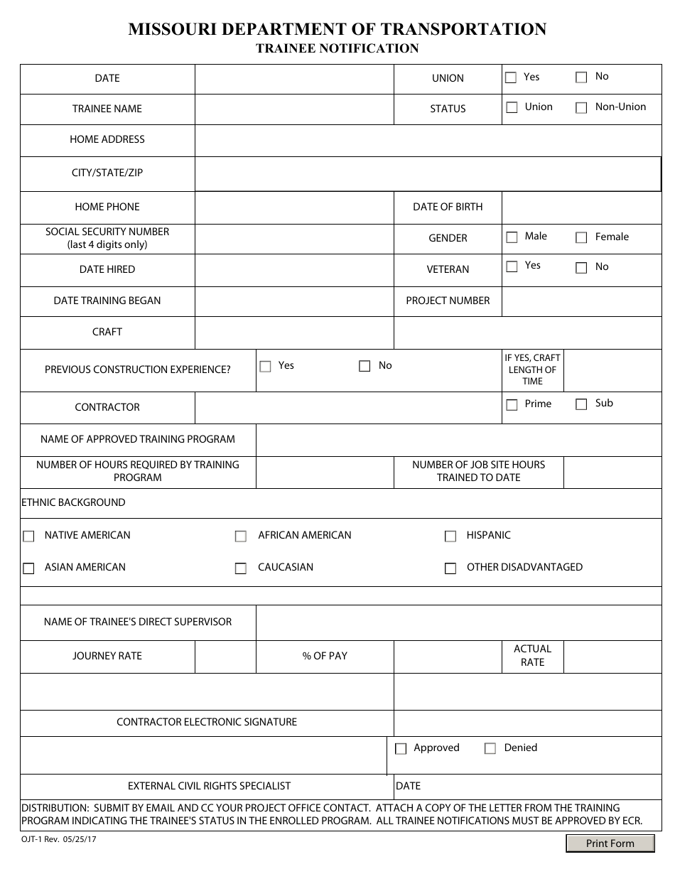 Form OJT-1 Trainee Notification - Missouri, Page 1