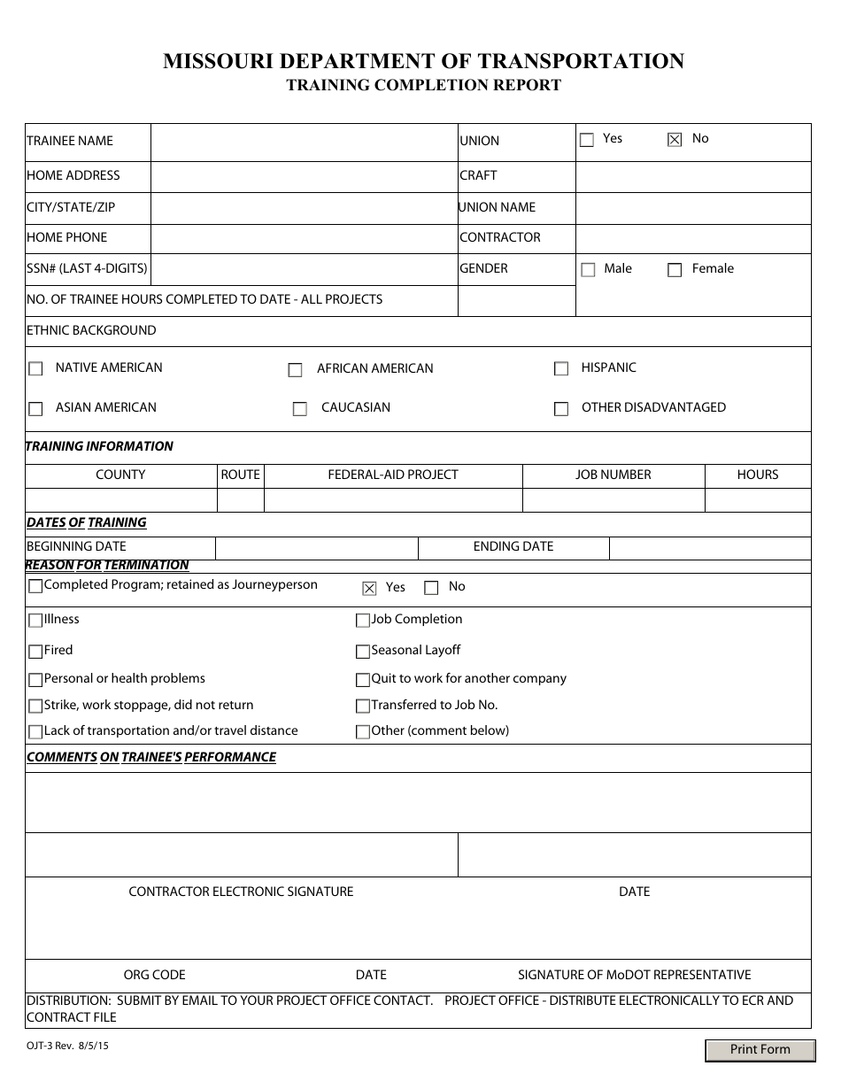 Form OJT-3 Training Completion Report - Mississippi, Page 1