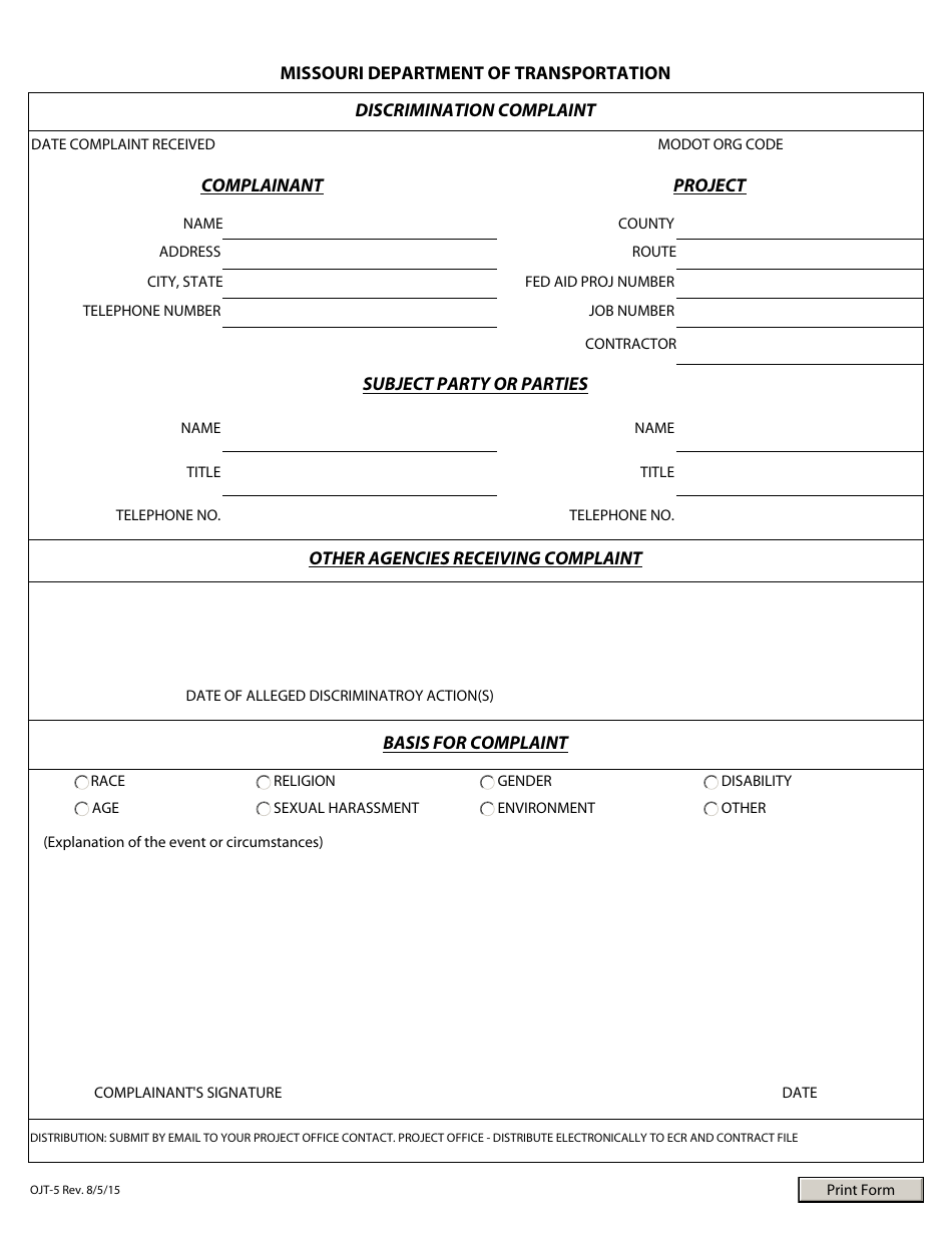 Form OJT-5 Discrimination Complaint - Missouri, Page 1