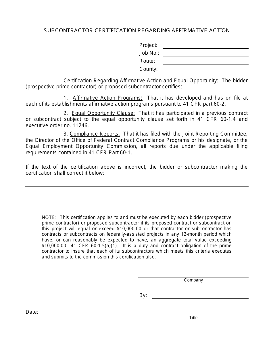 Subcontractor Certification Regarding Affirmative Action Form - Missouri, Page 1