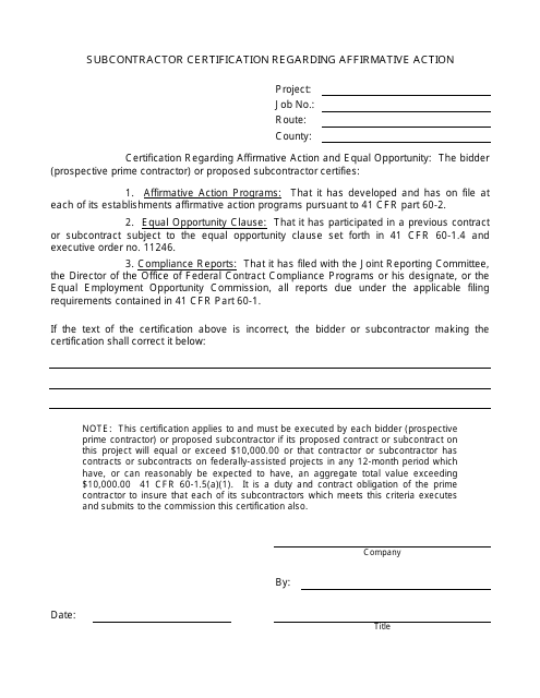 Subcontractor Certification Regarding Affirmative Action Form - Missouri