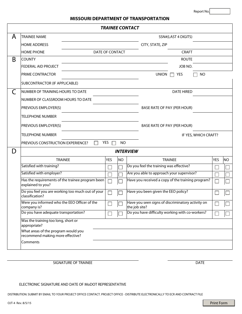 Form OJT-4 Trainee Contact - Missouri, Page 1