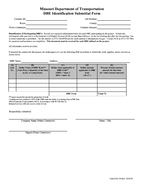 Form ECR-100 Dbe Identification Submittal Form - Missouri