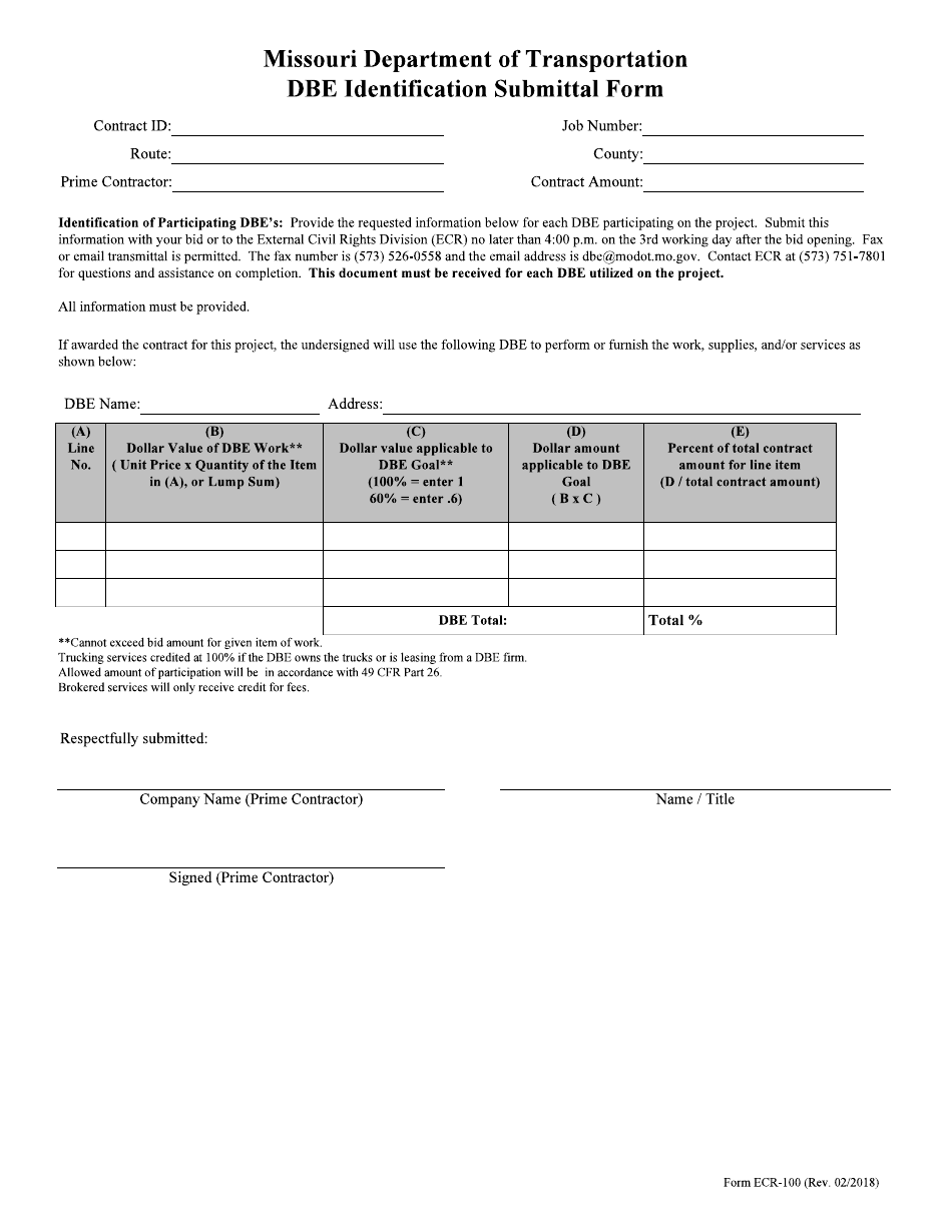 Form ECR-100 Dbe Identification Submittal Form - Missouri, Page 1