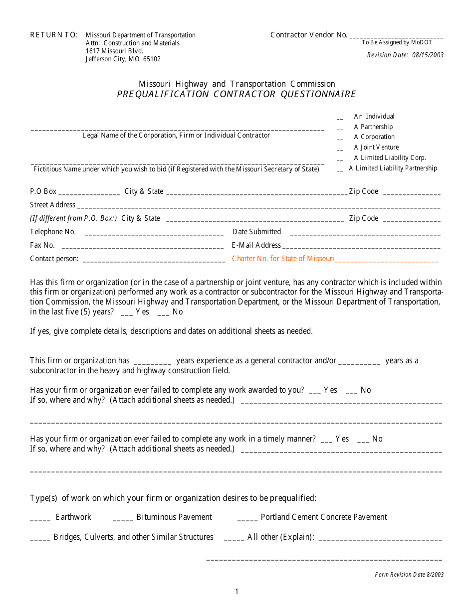 Prequalification Contractor Questionnaire Form - Missouri, Page 1