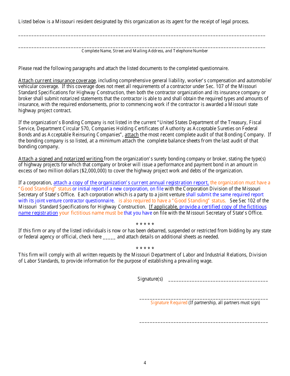 Prequalification Contractor Questionnaire Form - Missouri, Page 4
