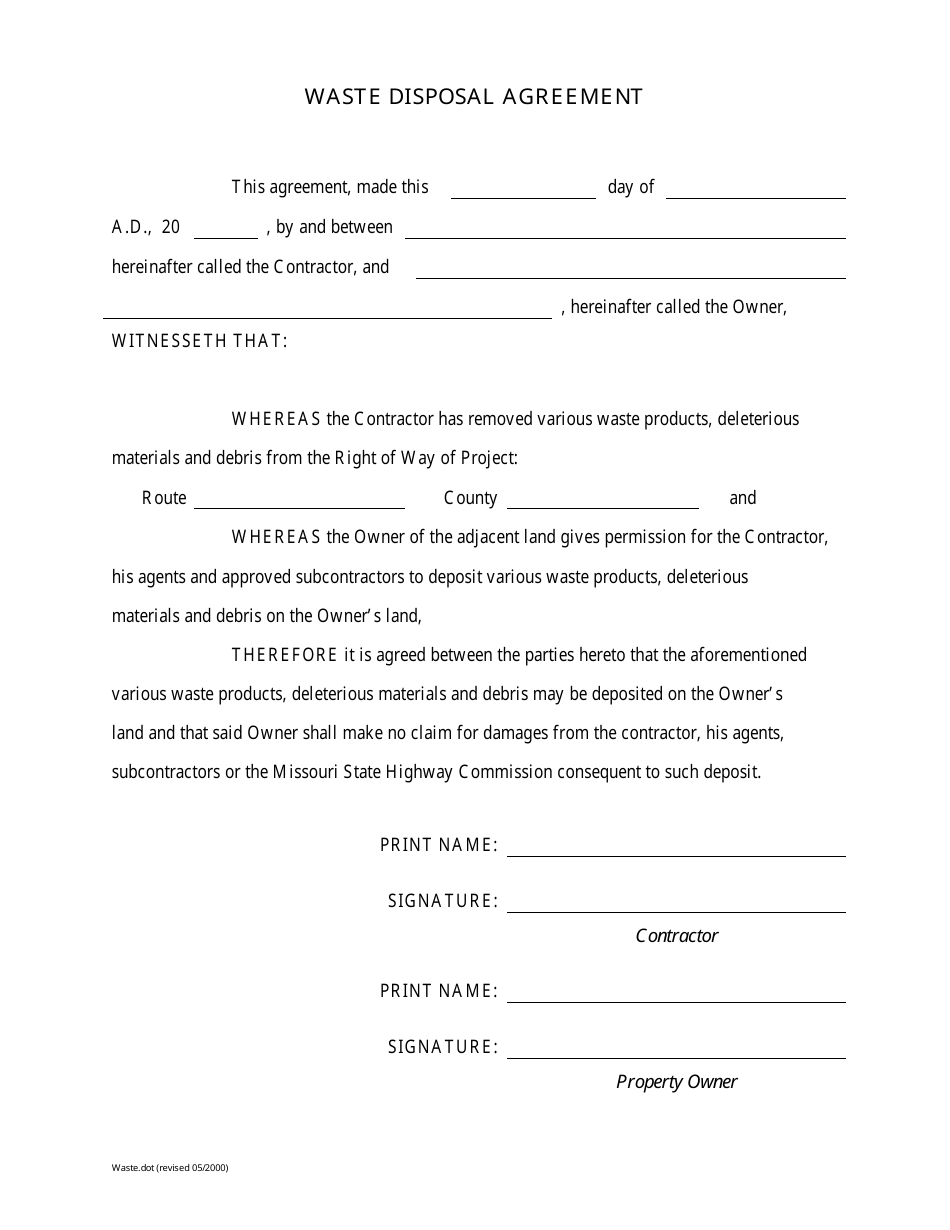 Waste Disposal Agreement Form - Missouri, Page 1