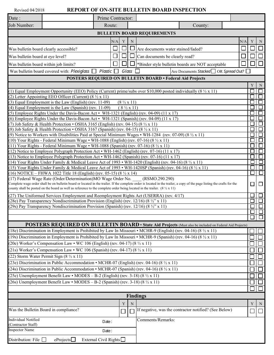 Missouri Report of onSite Bulletin Board Inspection Fill Out, Sign