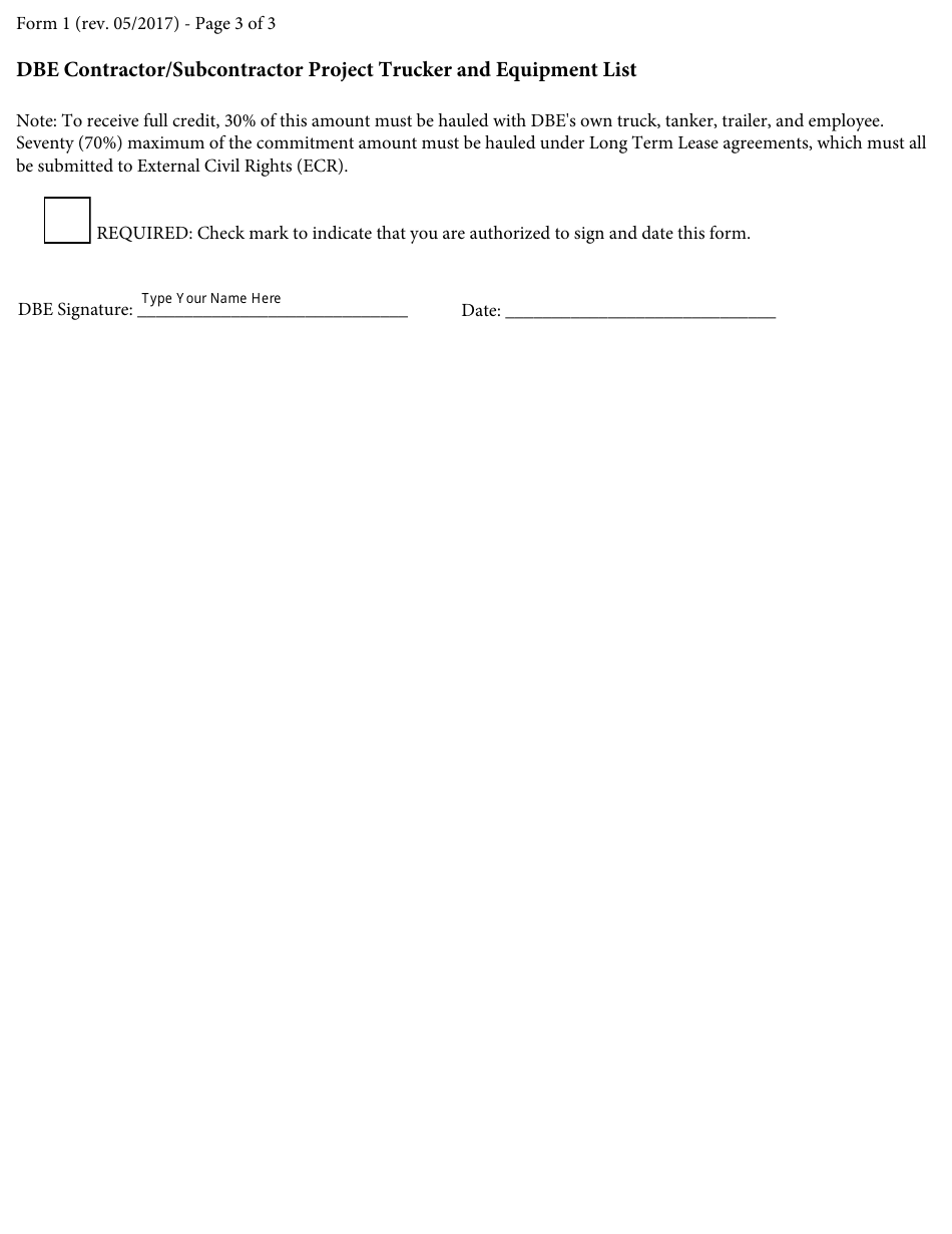 Form 1 Dbe Contractor / Subcontractor Project Trucker and Equipment List - Missouri, Page 3