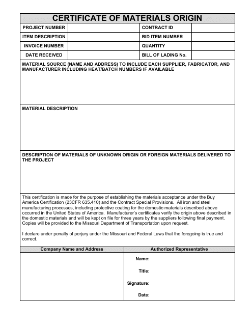 Certificate of Materials Origin - Missouri Download Pdf