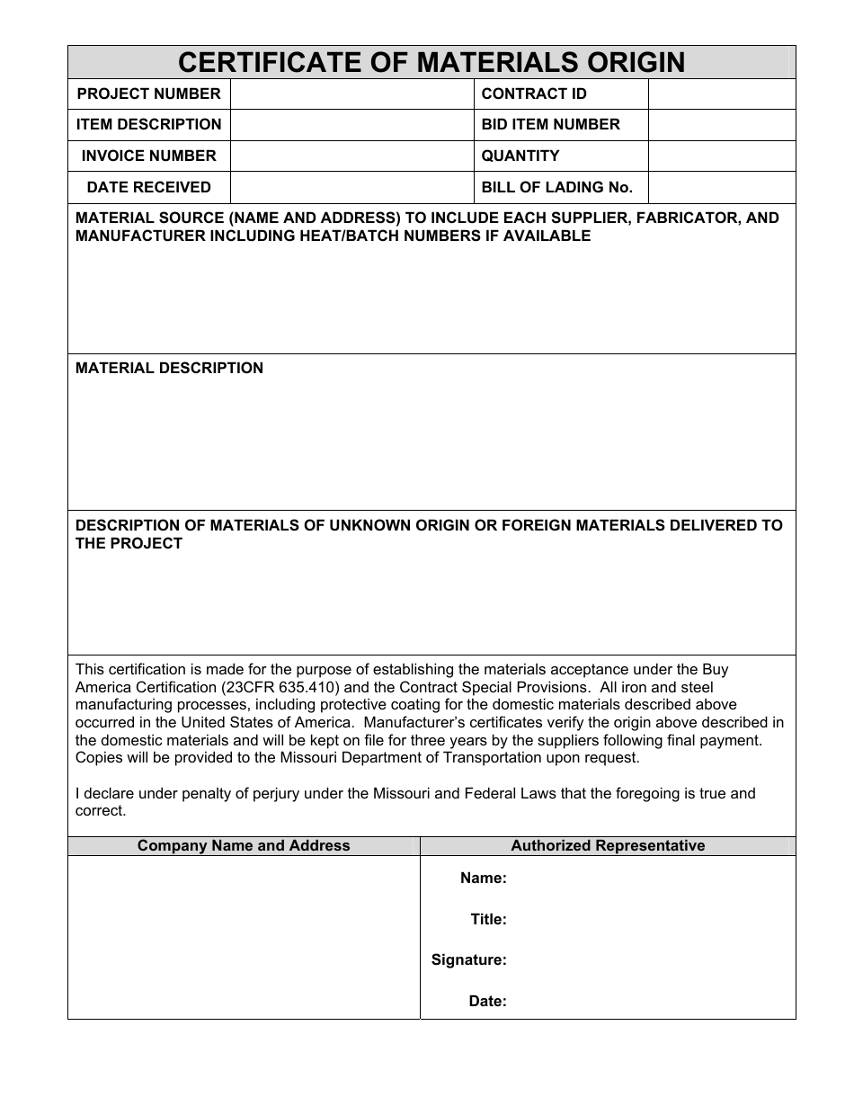 Certificate of Materials Origin - Missouri, Page 1