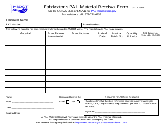 Form GS-13 (2) &quot;Fabricator's Pal Material Receival Form&quot; - Missouri