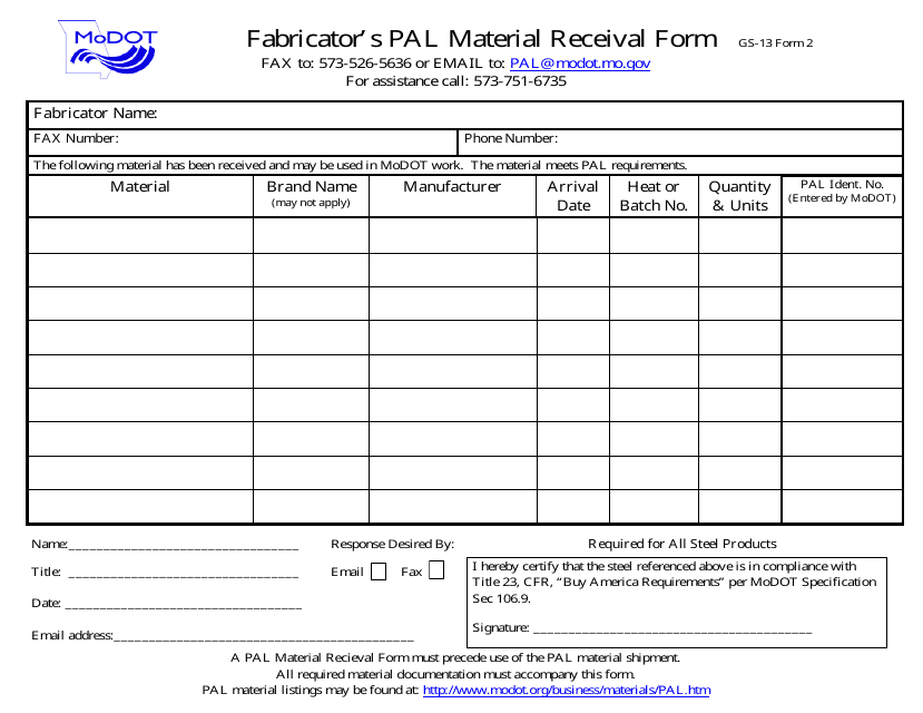 Form GS-13 (2) Fabricator's Pal Material Receival Form - Missouri