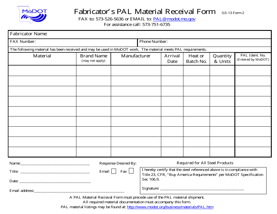 Form GS-13 (2) Fabricators Pal Material Receival Form - Missouri, Page 1