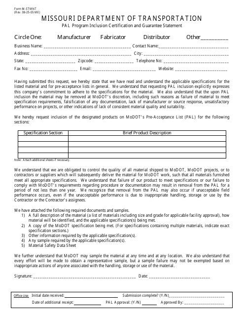 Form M-STMNT Pal Program Inclusion Certification and Guarantee Statement - Missouri